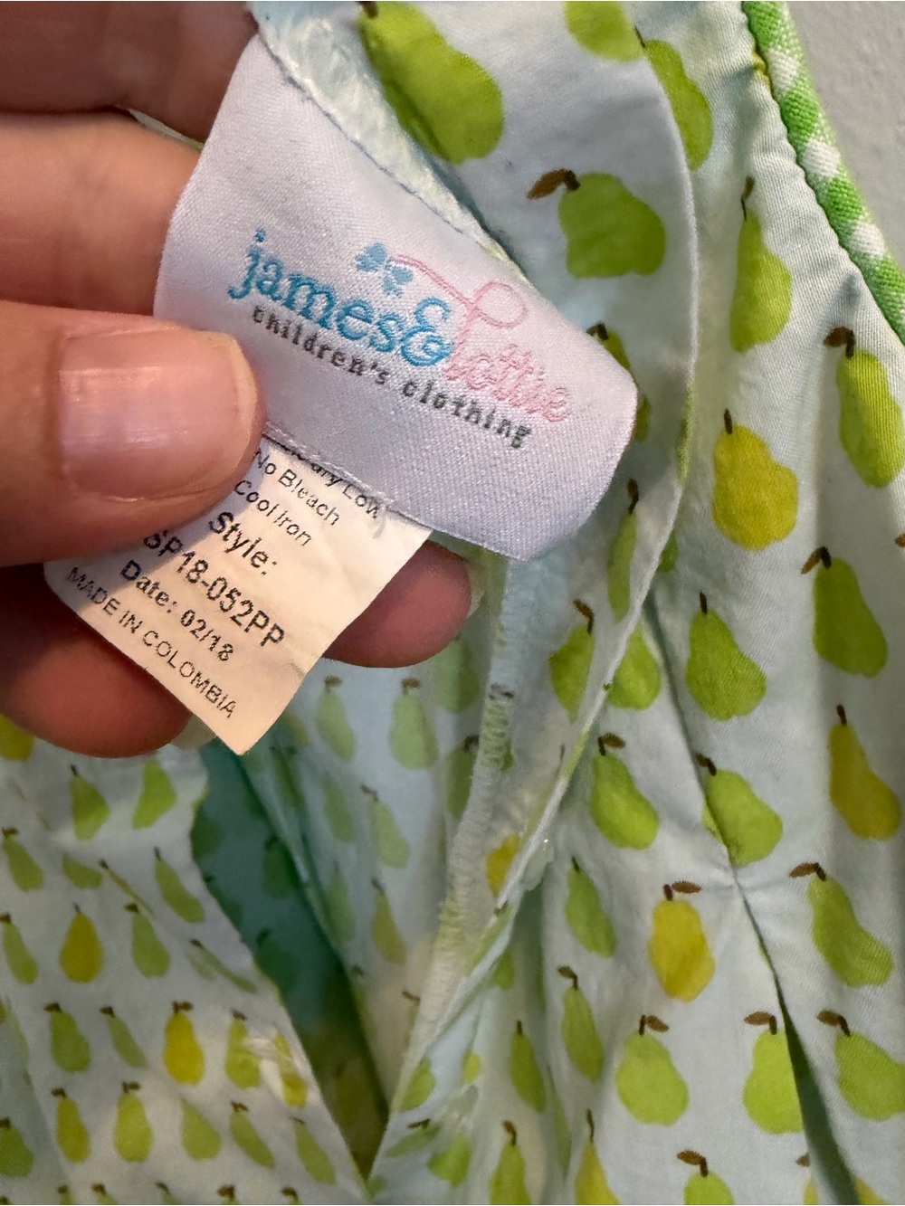 Girls Light Green Pear-Print Sleeveless Dress with Gingham Ruffle Collar - Picture 3 of 3